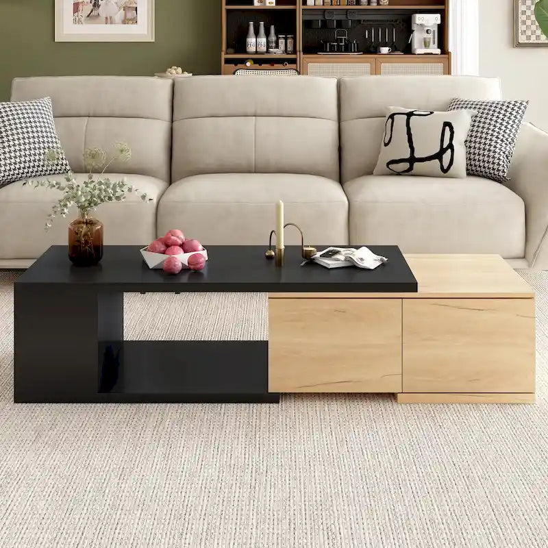 Table basse extensible bicolore blanc/noir avec 2 tiroirs et étagère latérale ouverte – Unité unique