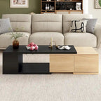 Table basse extensible bicolore blanc/noir avec 2 tiroirs et étagère latérale ouverte – Unité unique