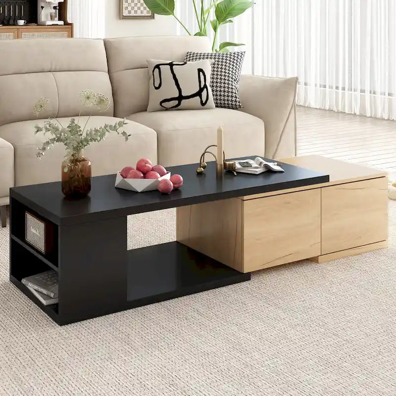 Table basse extensible bicolore blanc/noir avec 2 tiroirs et étagère latérale ouverte – Unité unique
