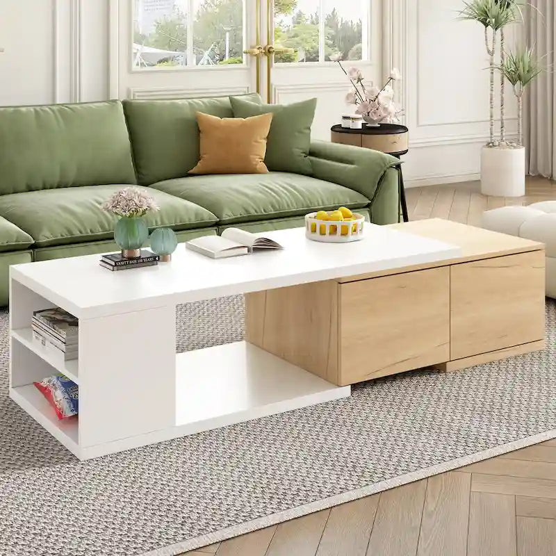 Table basse extensible bicolore blanc/noir avec 2 tiroirs et étagère latérale ouverte – Unité unique