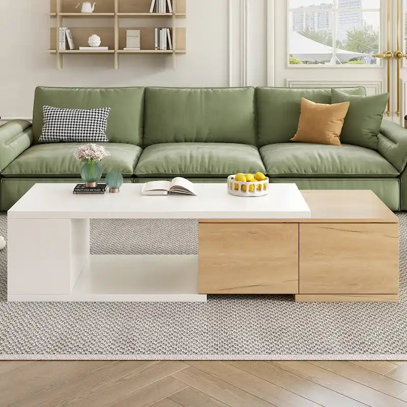 Table basse extensible bicolore blanc/noir avec 2 tiroirs et étagère latérale ouverte – Unité unique