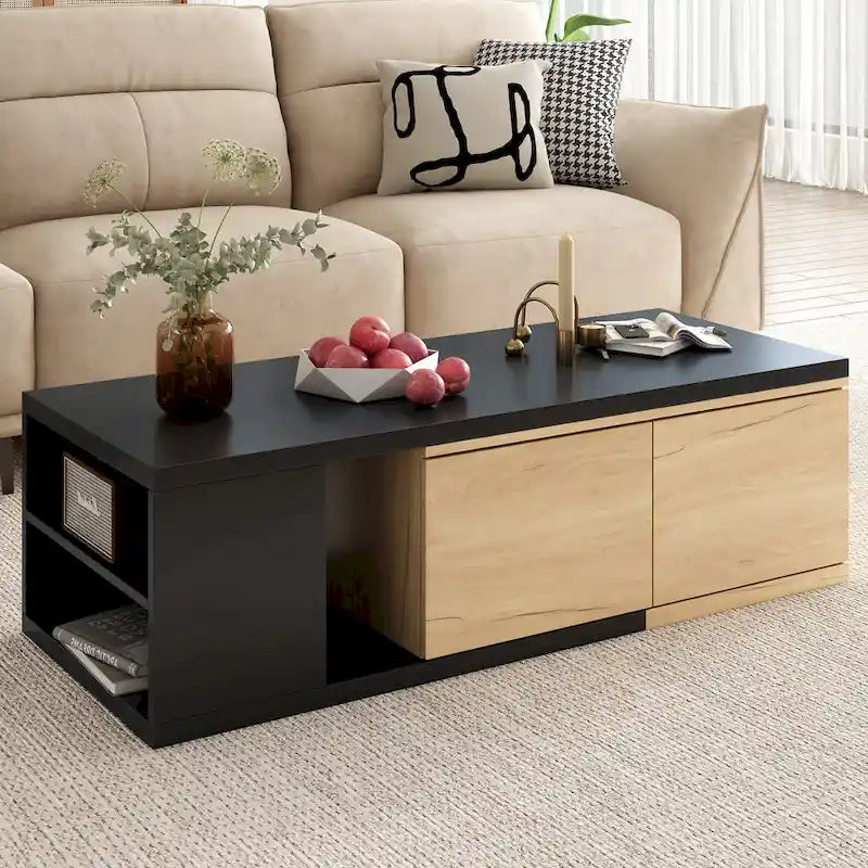 Table basse extensible bicolore blanc/noir avec 2 tiroirs et étagère latérale ouverte – Unité unique