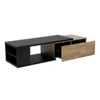 Table basse extensible bicolore blanc/noir avec 2 tiroirs et étagère latérale ouverte – Unité unique