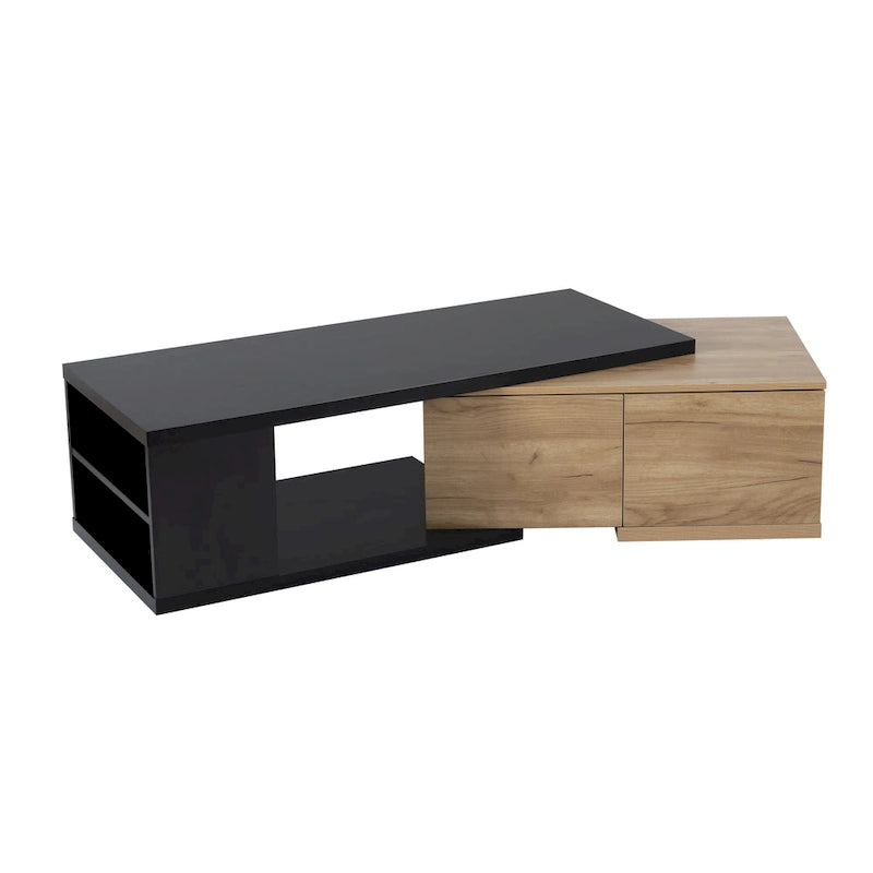 Table basse extensible bicolore blanc/noir avec 2 tiroirs et étagère latérale ouverte – Unité unique