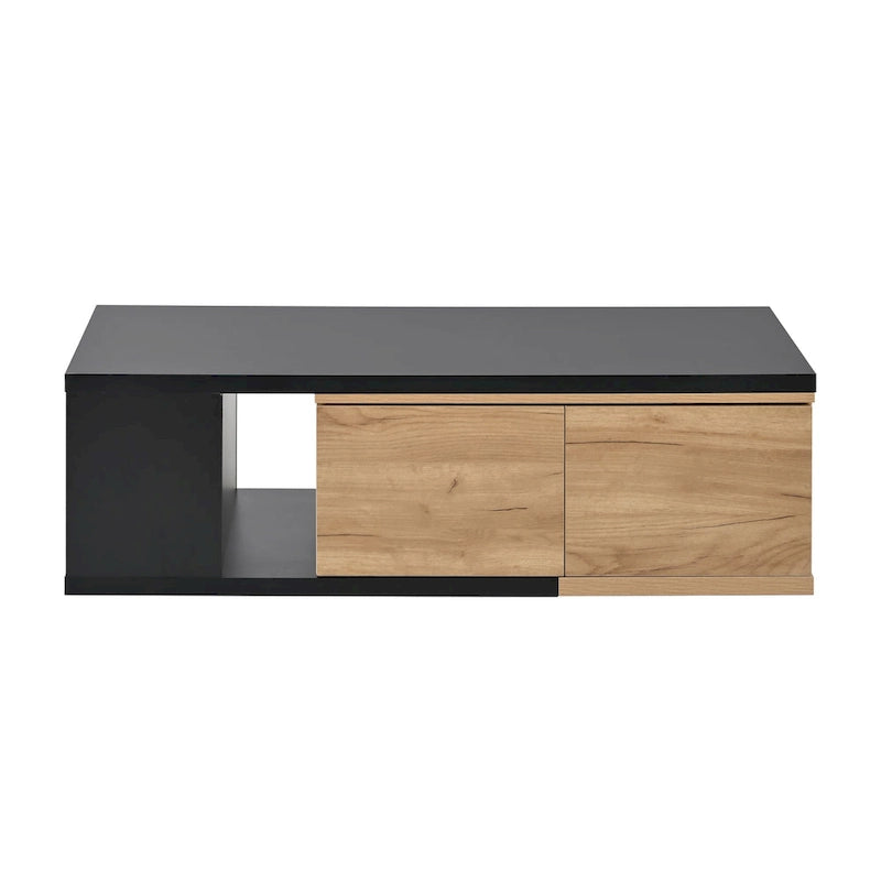 Table basse extensible bicolore blanc/noir avec 2 tiroirs et étagère latérale ouverte – Unité unique