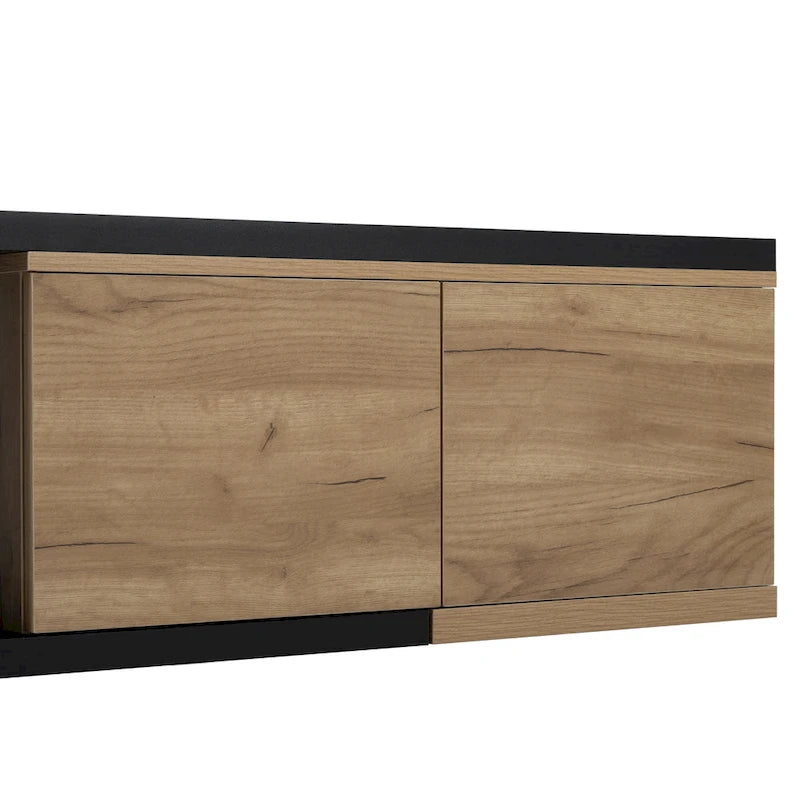 Table basse extensible bicolore blanc/noir avec 2 tiroirs et étagère latérale ouverte – Unité unique