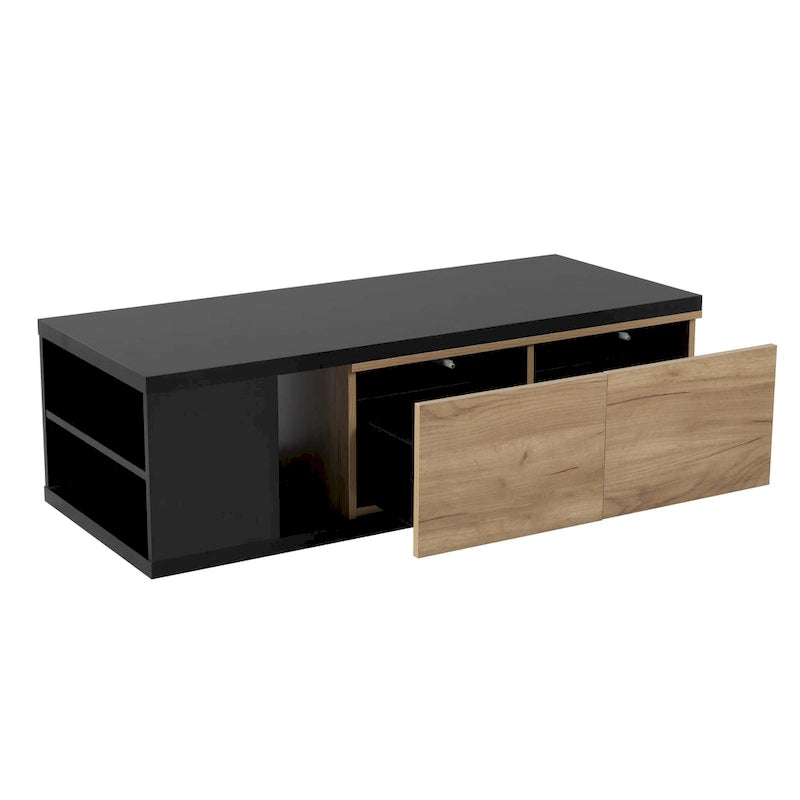 Table basse extensible bicolore blanc/noir avec 2 tiroirs et étagère latérale ouverte – Unité unique