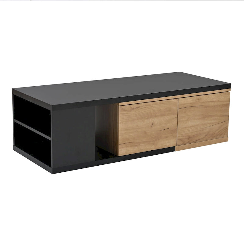 Table basse extensible bicolore blanc/noir avec 2 tiroirs et étagère latérale ouverte – Unité unique