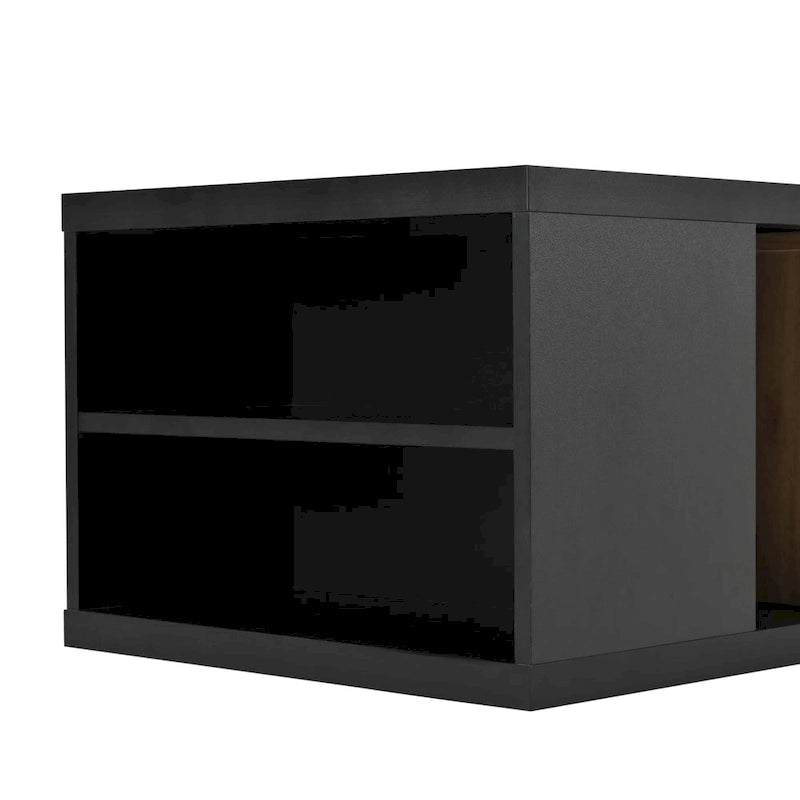 Table basse extensible bicolore blanc/noir avec 2 tiroirs et étagère latérale ouverte – Unité unique