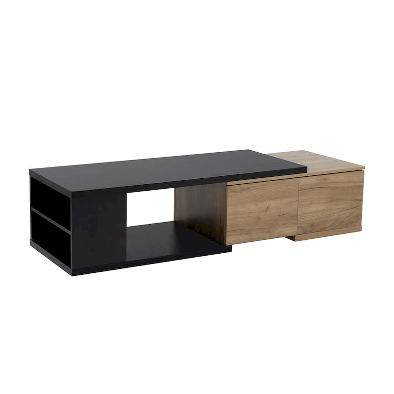 Table basse extensible bicolore blanc/noir avec 2 tiroirs et étagère latérale ouverte – Unité unique