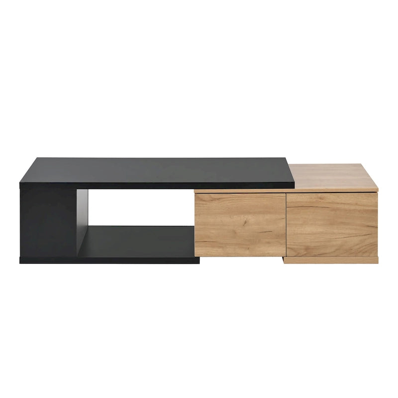 Table basse extensible bicolore blanc/noir avec 2 tiroirs et étagère latérale ouverte – Unité unique