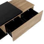 Table basse extensible bicolore blanc/noir avec 2 tiroirs et étagère latérale ouverte – Unité unique