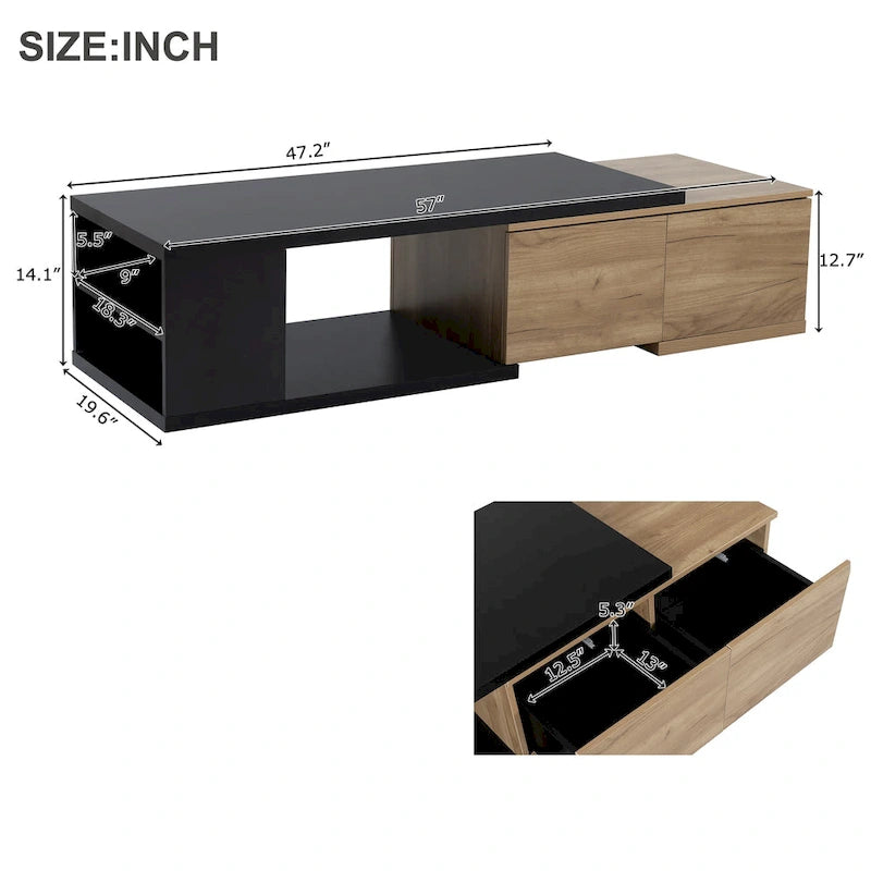 Table basse extensible bicolore blanc/noir avec 2 tiroirs et étagère latérale ouverte – Unité unique