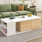 Table basse extensible bicolore blanc/noir avec 2 tiroirs et étagère latérale ouverte – Unité unique