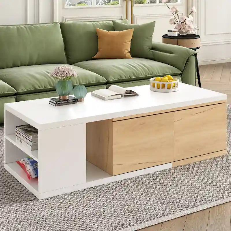Table basse extensible bicolore blanc/noir avec 2 tiroirs et étagère latérale ouverte – Unité unique