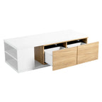 Table basse extensible bicolore blanc/noir avec 2 tiroirs et étagère latérale ouverte – Unité unique
