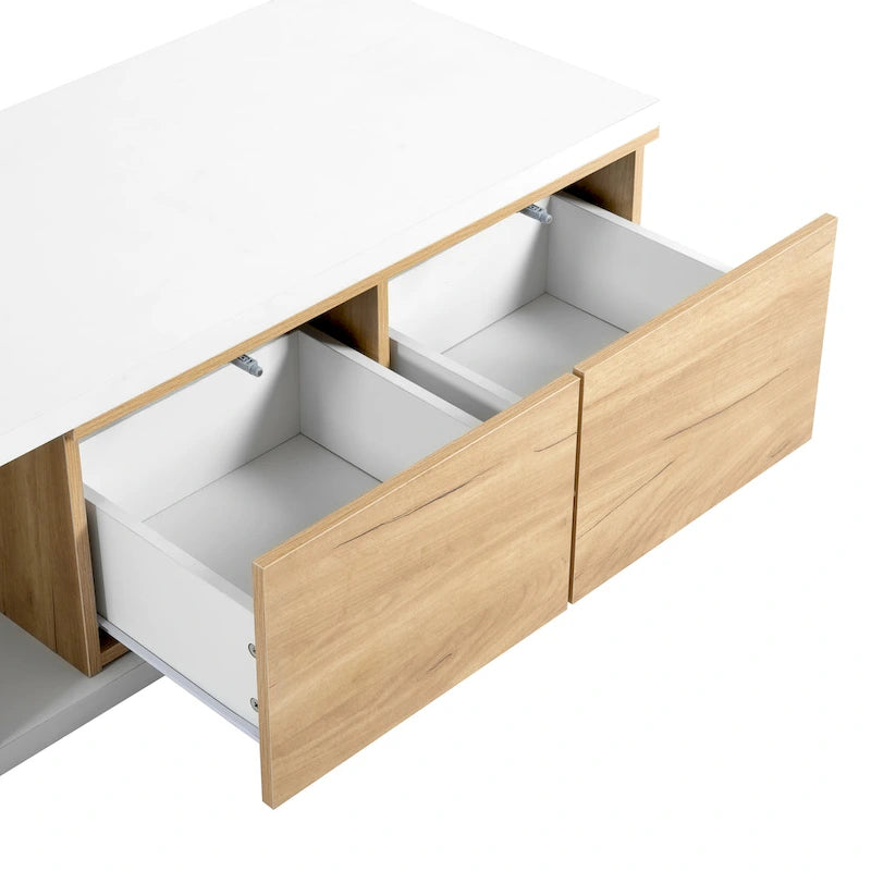 Table basse extensible bicolore blanc/noir avec 2 tiroirs et étagère latérale ouverte – Unité unique