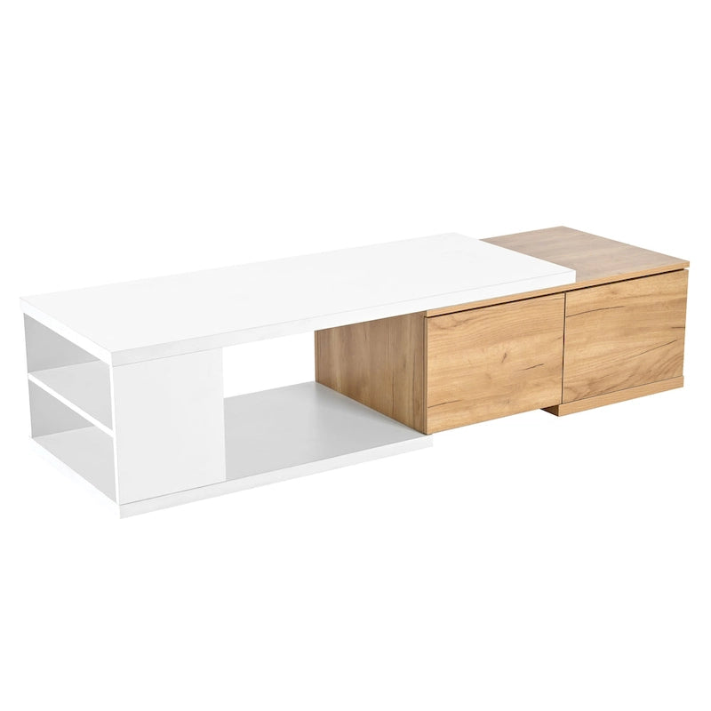 Table basse extensible bicolore blanc/noir avec 2 tiroirs et étagère latérale ouverte – Unité unique