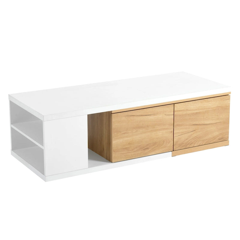 Table basse extensible bicolore blanc/noir avec 2 tiroirs et étagère latérale ouverte – Unité unique