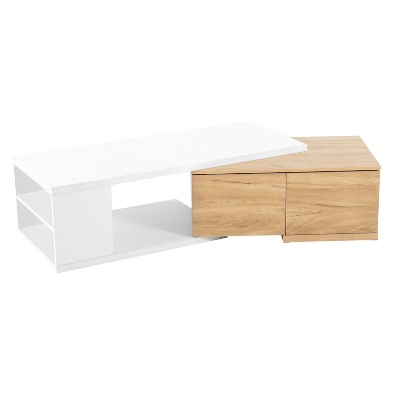 Table basse extensible bicolore blanc/noir avec 2 tiroirs et étagère latérale ouverte – Unité unique