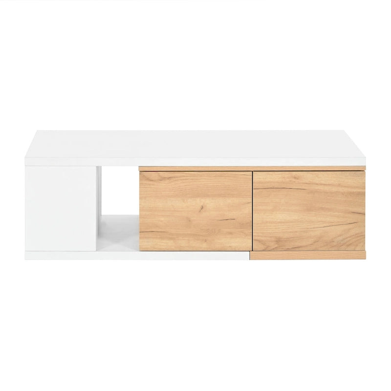 Table basse extensible bicolore blanc/noir avec 2 tiroirs et étagère latérale ouverte – Unité unique