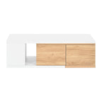 Table basse extensible bicolore blanc/noir avec 2 tiroirs et étagère latérale ouverte – Unité unique
