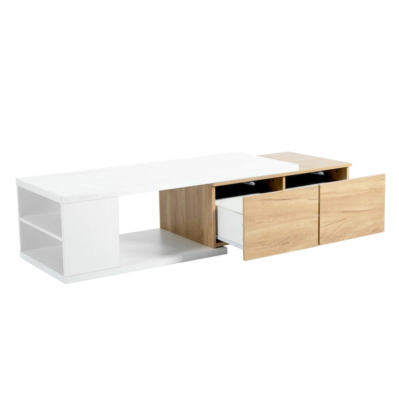 Table basse extensible bicolore blanc/noir avec 2 tiroirs et étagère latérale ouverte – Unité unique