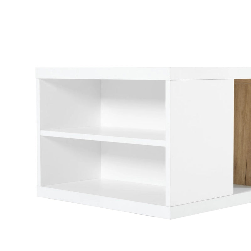 Table basse extensible bicolore blanc/noir avec 2 tiroirs et étagère latérale ouverte – Unité unique