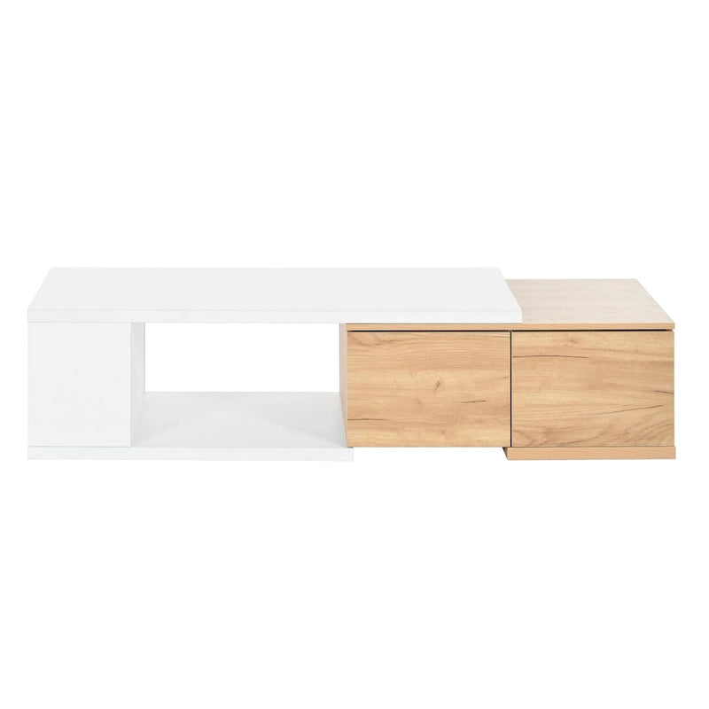 Table basse extensible bicolore blanc/noir avec 2 tiroirs et étagère latérale ouverte – Unité unique