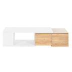 Table basse extensible bicolore blanc/noir avec 2 tiroirs et étagère latérale ouverte – Unité unique