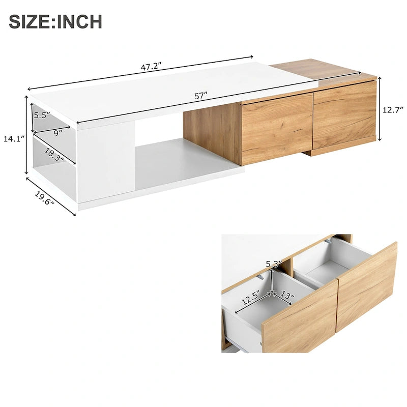 Table basse extensible bicolore blanc/noir avec 2 tiroirs et étagère latérale ouverte – Unité unique
