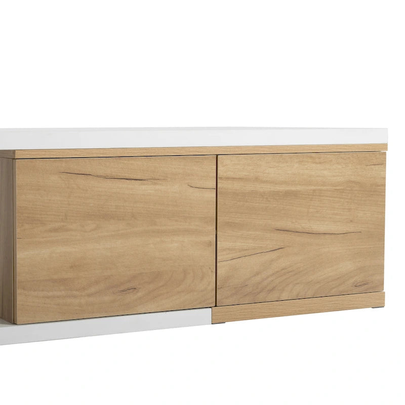 Table basse extensible bicolore blanc/noir avec 2 tiroirs et étagère latérale ouverte – Unité unique