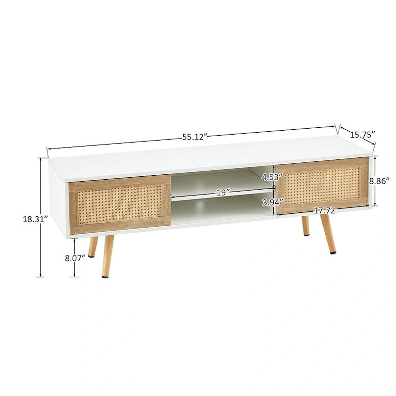 Meuble TV en MDF blanc/bois de cerisier avec doubles portes coulissantes en rotin, étagère réglable et pieds en bois massif – Unité unique