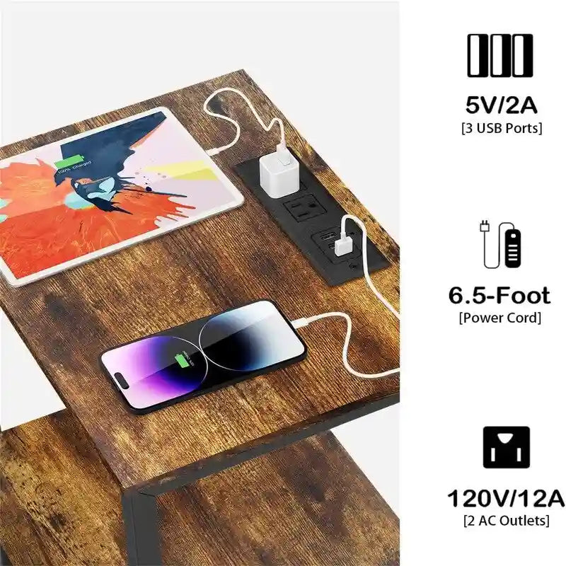 Table d'appoint en panneaux de particules chêne clair/noir/brun rustique avec 1 tiroir, étagère ouverte et station de recharge intégrée – Unité simple