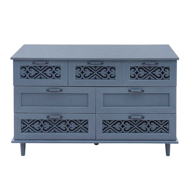 Armoire à 7 tiroirs vert foncé / bleu avec façades à panneaux sculptés, poignées en métal noir et pieds en bois massif – Unité simple