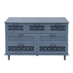 Armoire à 7 tiroirs vert foncé / bleu avec façades à panneaux sculptés, poignées en métal noir et pieds en bois massif – Unité simple