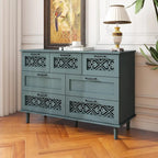 Armoire à 7 tiroirs vert foncé / bleu avec façades à panneaux sculptés, poignées en métal noir et pieds en bois massif – Unité simple
