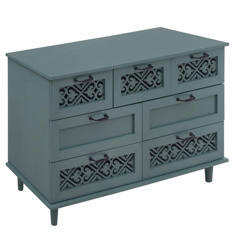 Armoire à 7 tiroirs vert foncé / bleu avec façades à panneaux sculptés, poignées en métal noir et pieds en bois massif – Unité simple