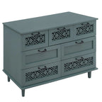Armoire à 7 tiroirs vert foncé / bleu avec façades à panneaux sculptés, poignées en métal noir et pieds en bois massif – Unité simple