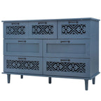 Armoire à 7 tiroirs vert foncé / bleu avec façades à panneaux sculptés, poignées en métal noir et pieds en bois massif – Unité simple