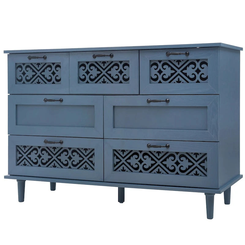 Armoire à 7 tiroirs vert foncé / bleu avec façades à panneaux sculptés, poignées en métal noir et pieds en bois massif – Unité simple