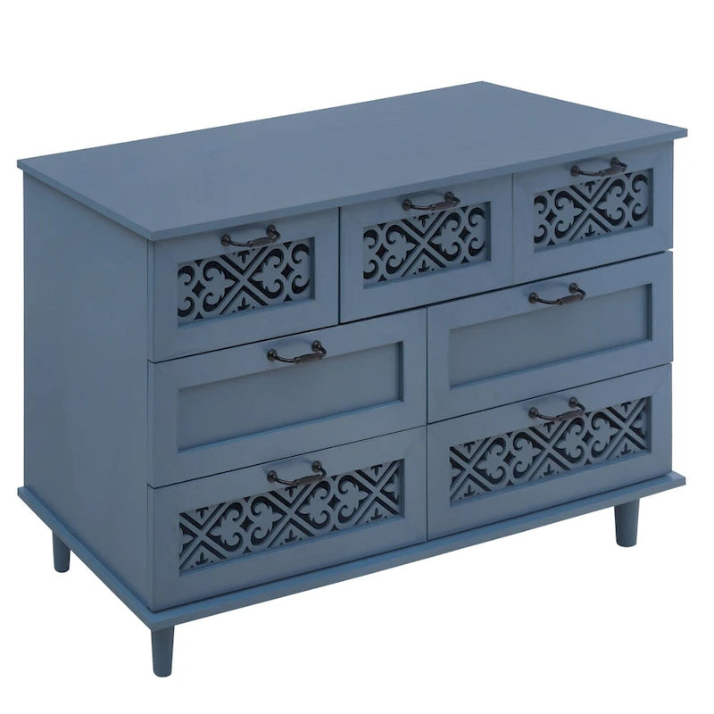 Armoire à 7 tiroirs vert foncé / bleu avec façades à panneaux sculptés, poignées en métal noir et pieds en bois massif – Unité simple