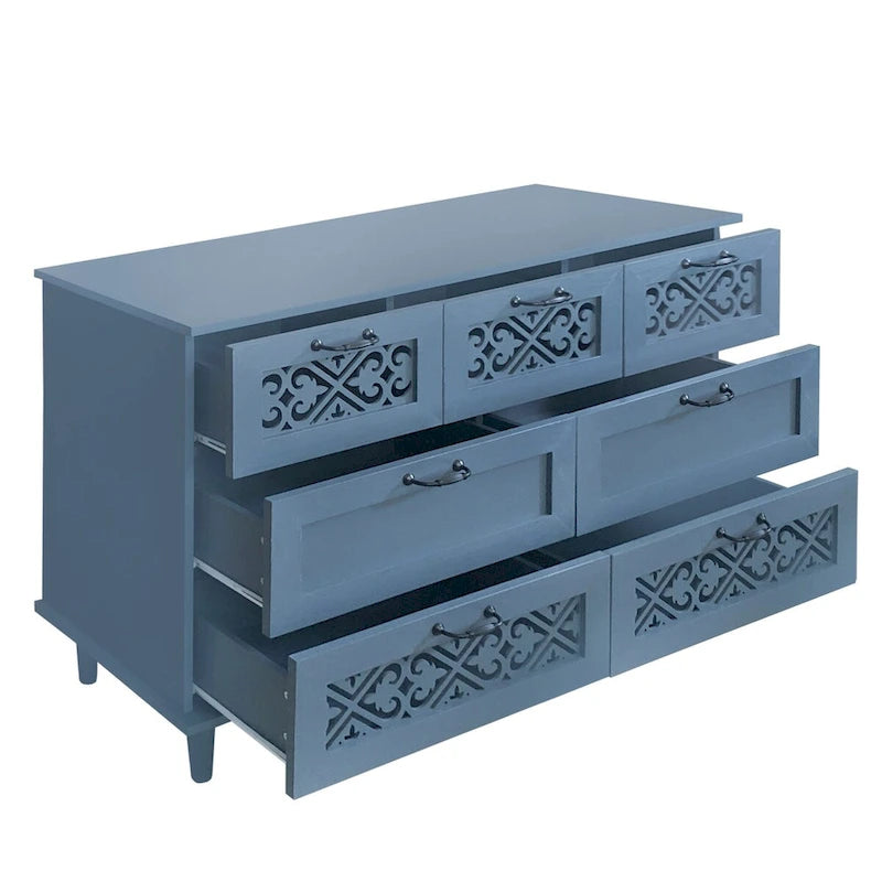 Armoire à 7 tiroirs vert foncé / bleu avec façades à panneaux sculptés, poignées en métal noir et pieds en bois massif – Unité simple