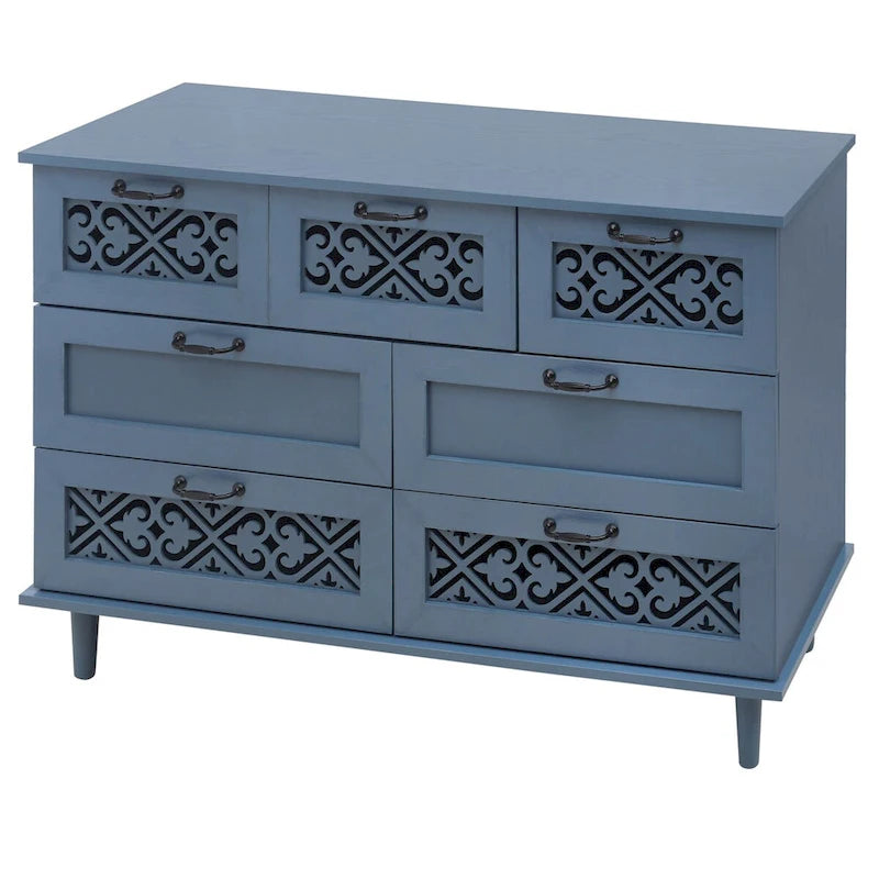 Armoire à 7 tiroirs vert foncé / bleu avec façades à panneaux sculptés, poignées en métal noir et pieds en bois massif – Unité simple