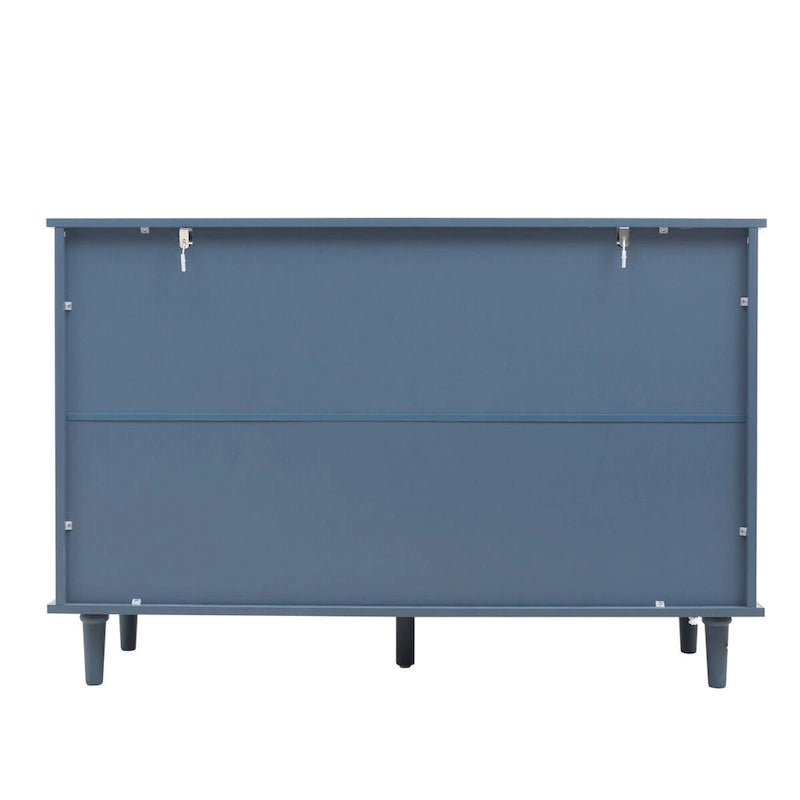 Armoire à 7 tiroirs vert foncé / bleu avec façades à panneaux sculptés, poignées en métal noir et pieds en bois massif – Unité simple