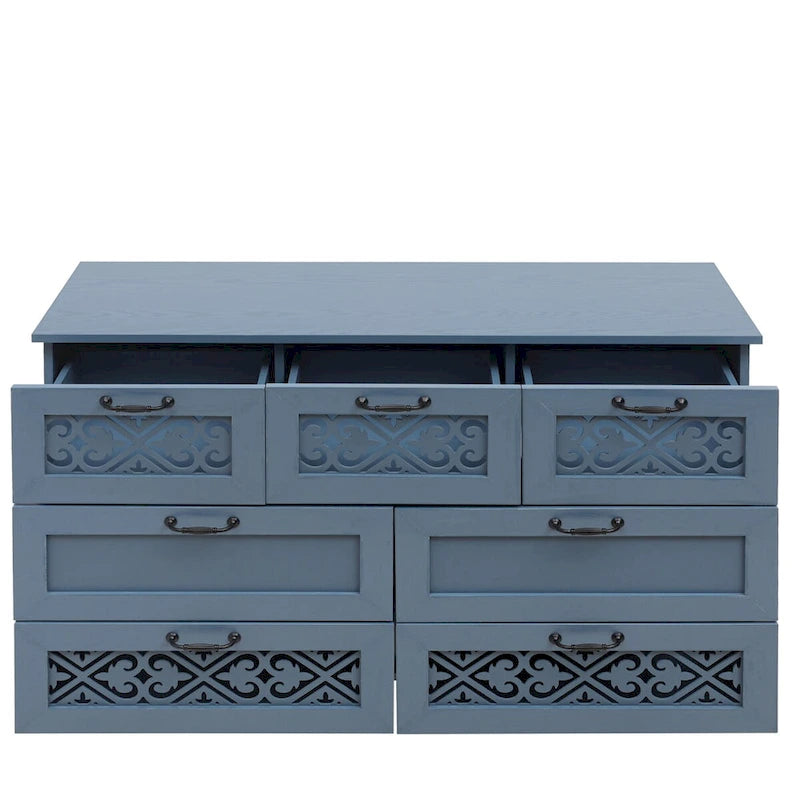 Armoire à 7 tiroirs vert foncé / bleu avec façades à panneaux sculptés, poignées en métal noir et pieds en bois massif – Unité simple