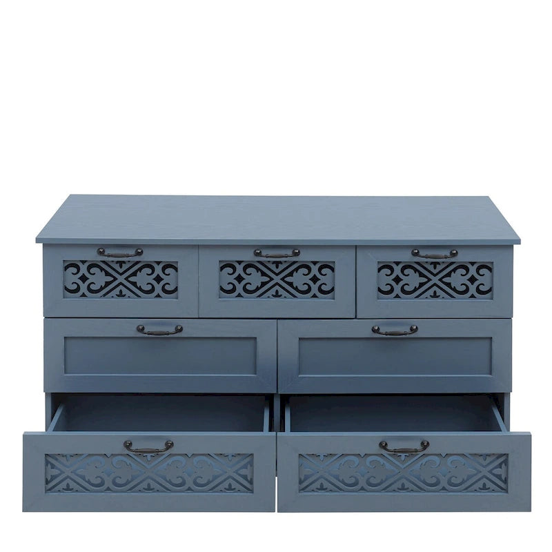 Armoire à 7 tiroirs vert foncé / bleu avec façades à panneaux sculptés, poignées en métal noir et pieds en bois massif – Unité simple