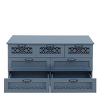 Armoire à 7 tiroirs vert foncé / bleu avec façades à panneaux sculptés, poignées en métal noir et pieds en bois massif – Unité simple