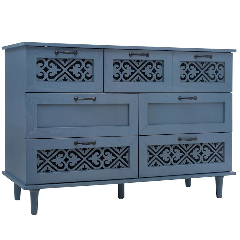Armoire à 7 tiroirs vert foncé / bleu avec façades à panneaux sculptés, poignées en métal noir et pieds en bois massif – Unité simple