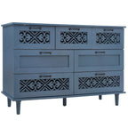 Armoire à 7 tiroirs vert foncé / bleu avec façades à panneaux sculptés, poignées en métal noir et pieds en bois massif – Unité simple